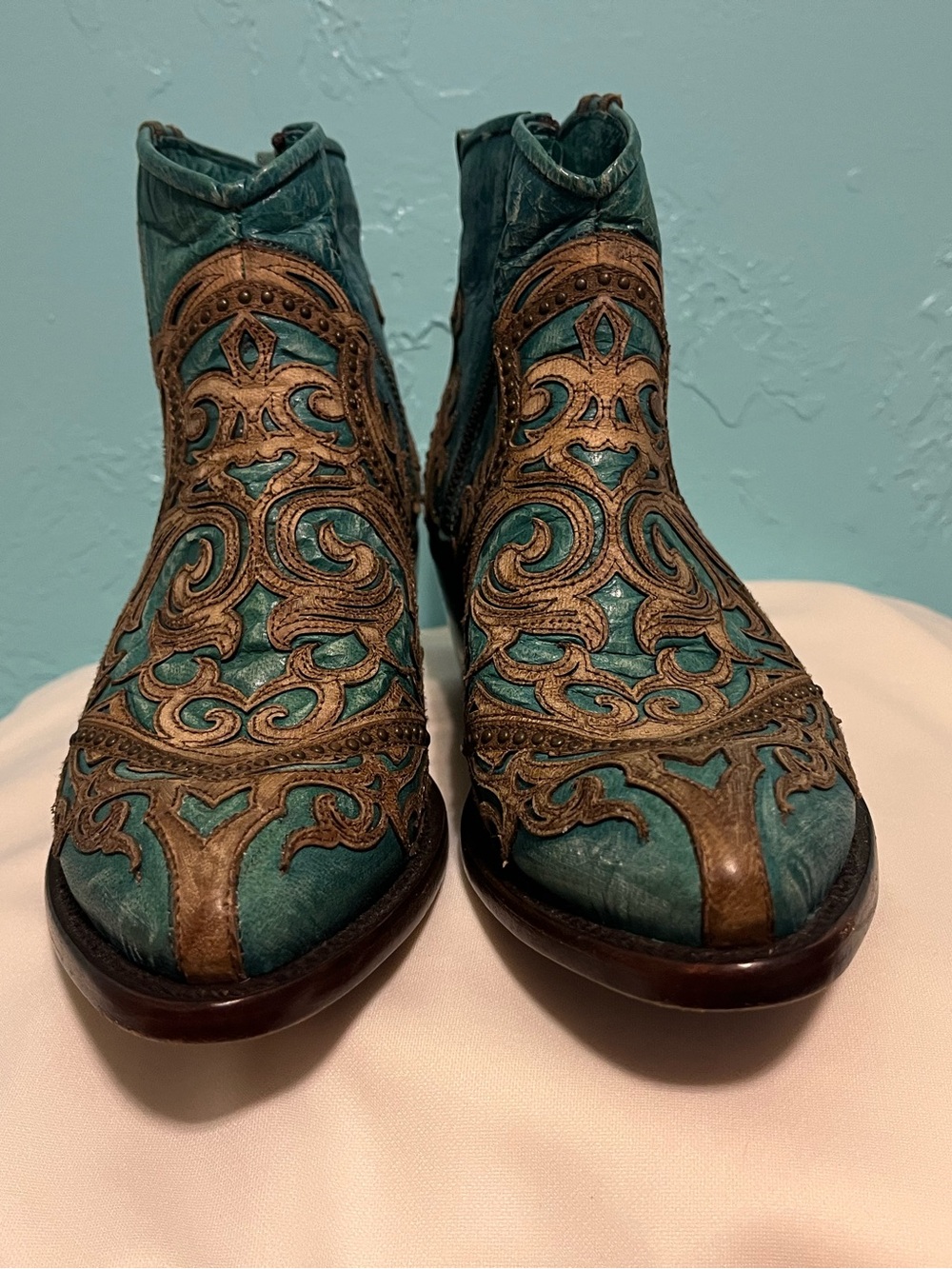 Corral Turquoise & Brown Western Embroidered Ankle Booties - Women - Picture 2 of 5